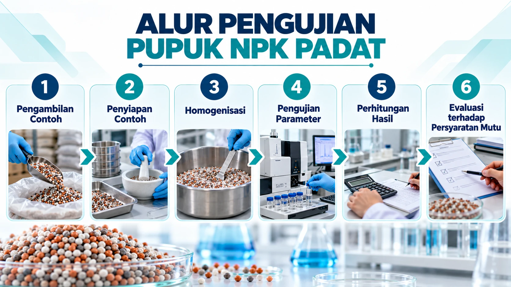 Diagram alur pengujian Pupuk NPK dari pengambilan contoh hingga evaluasi terhadap persyaratan mutu.