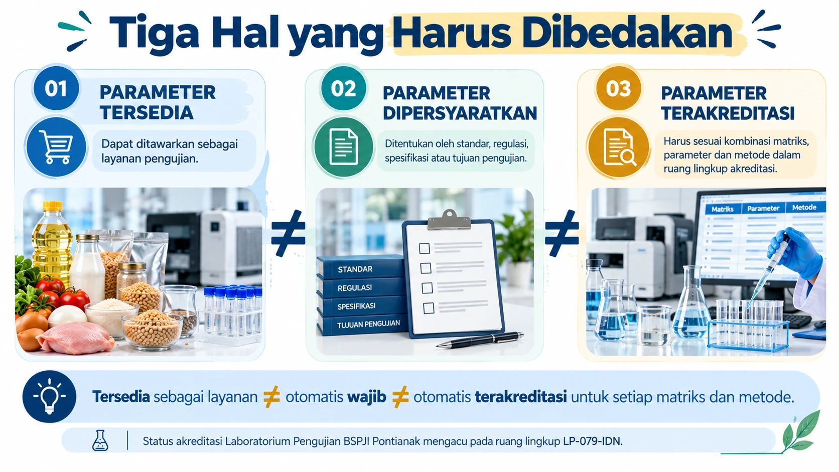 Infografik perbedaan antara parameter yang tersedia sebagai layanan, parameter yang dipersyaratkan, dan parameter yang termasuk ruang lingkup akreditasi.