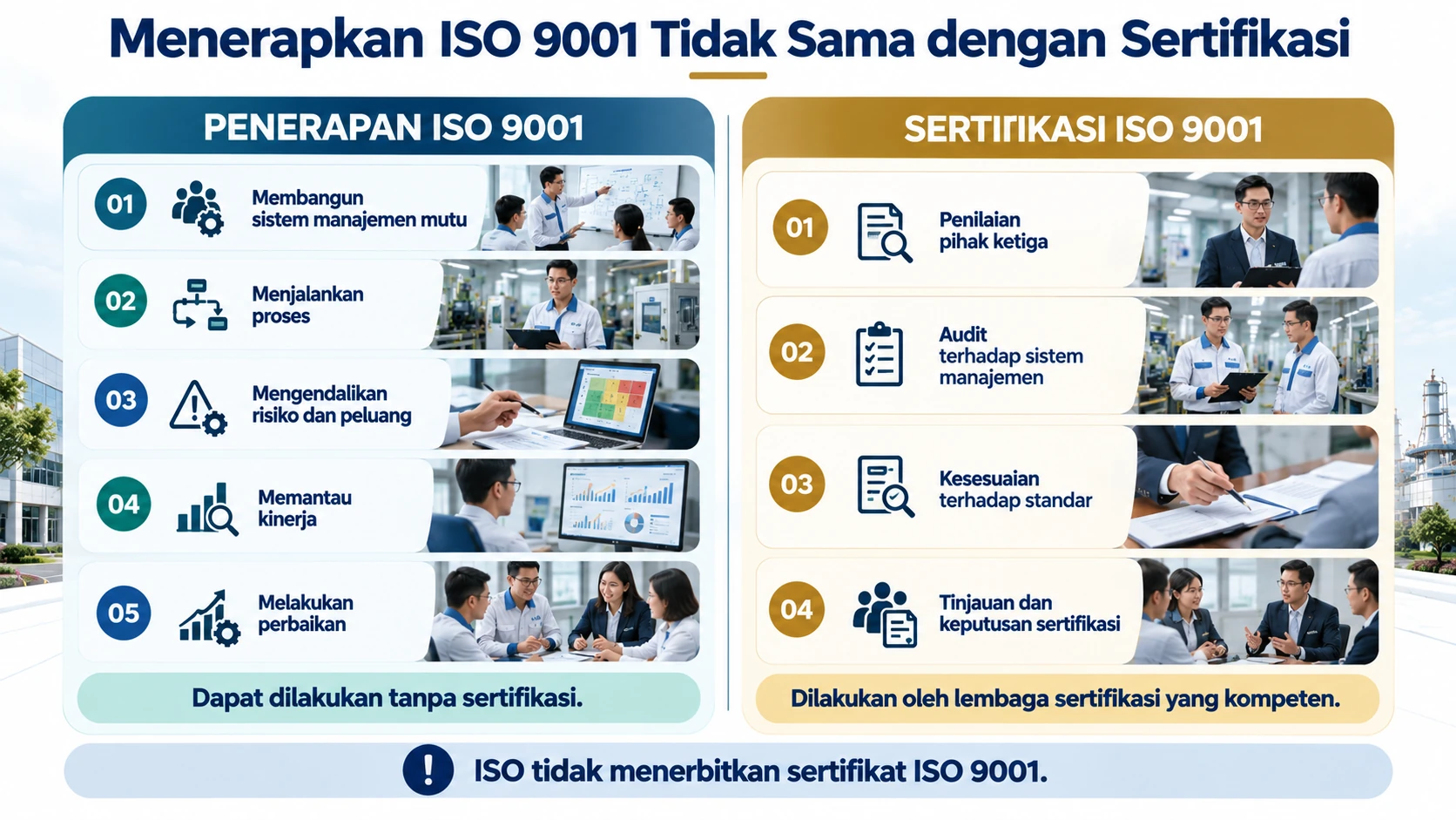 Infografik perbedaan penerapan ISO 9001 dengan sertifikasi sistem manajemen mutu.