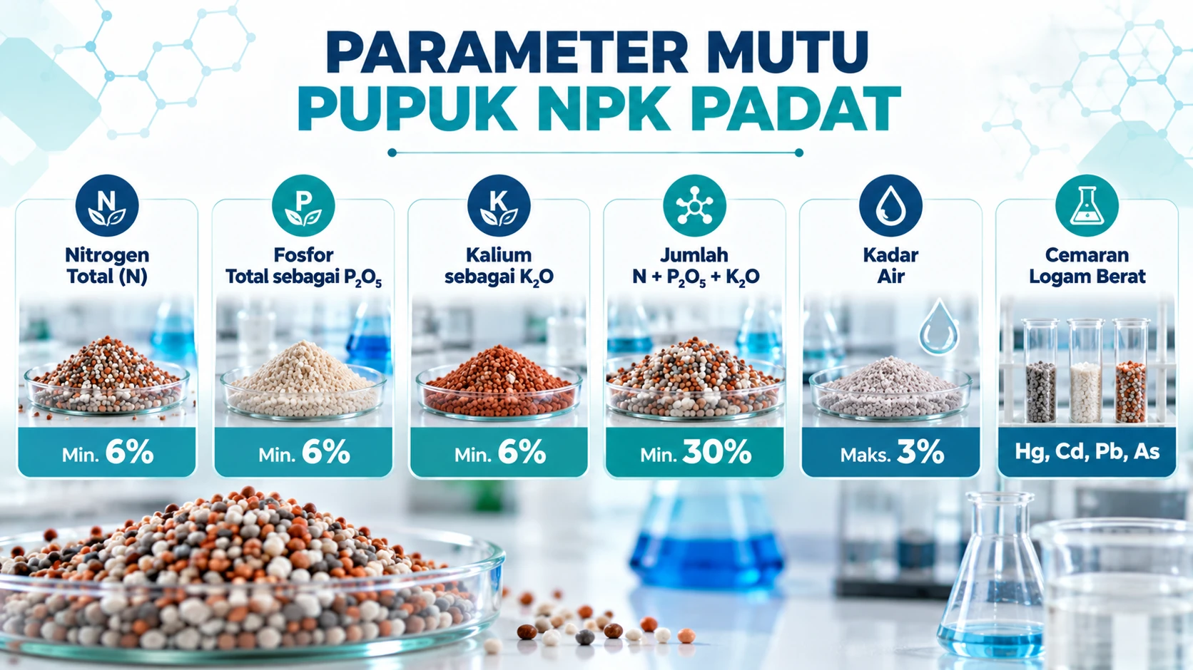 Infografik parameter mutu Pupuk NPK Padat meliputi N, P₂O₅, K₂O, jumlah unsur hara, kadar air, dan cemaran logam berat.