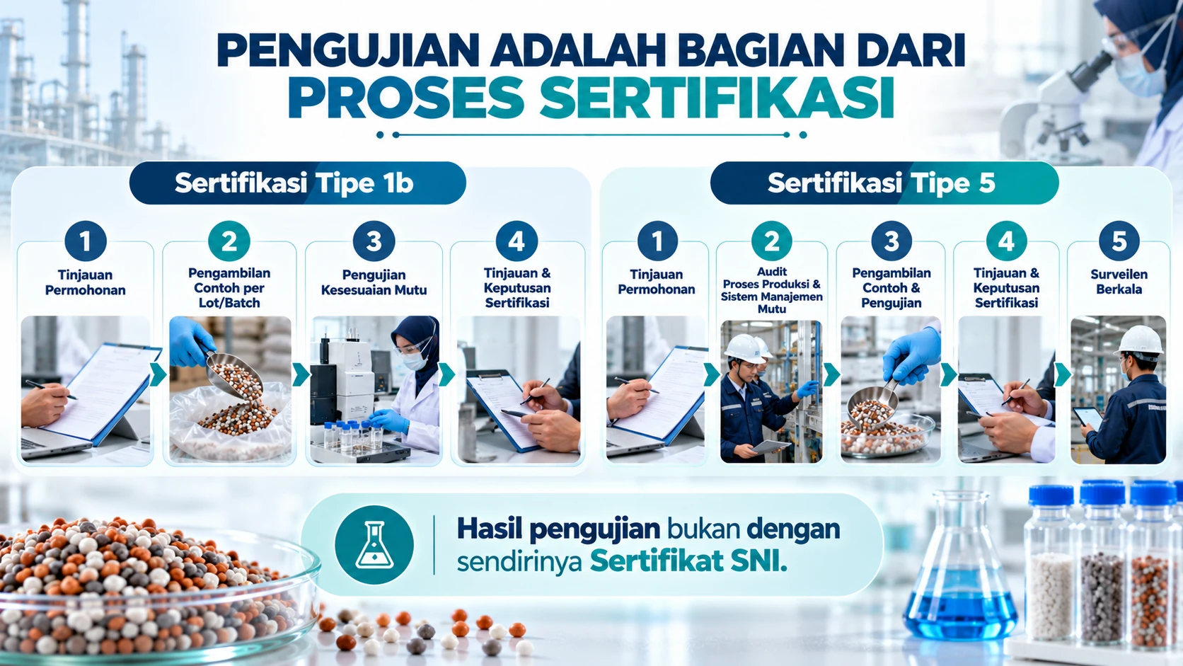 Diagram hubungan pengujian laboratorium dengan proses sertifikasi SNI Pupuk NPK Padat tipe 1b dan tipe 5.