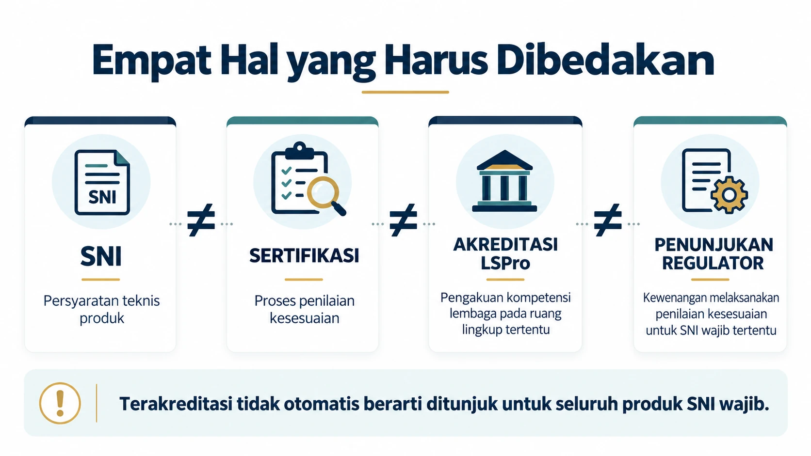 Infografik perbedaan antara SNI, sertifikasi produk, akreditasi LSPro, dan penunjukan regulator.