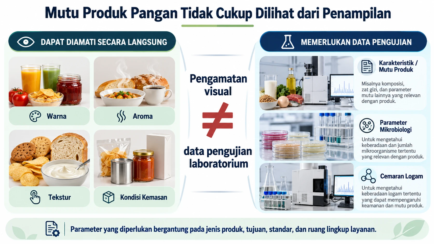 Infografik perbedaan karakteristik pangan yang dapat diamati secara langsung dengan parameter yang memerlukan pengujian laboratorium.