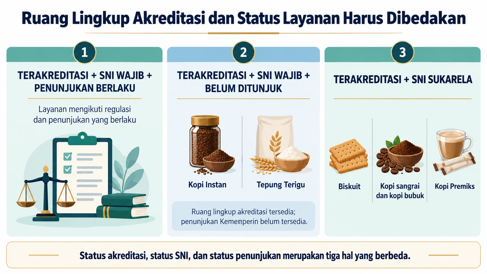 Infografik perbedaan status akreditasi, SNI wajib atau sukarela, dan penunjukan untuk produk dalam ruang lingkup LSPr-019-IDN.