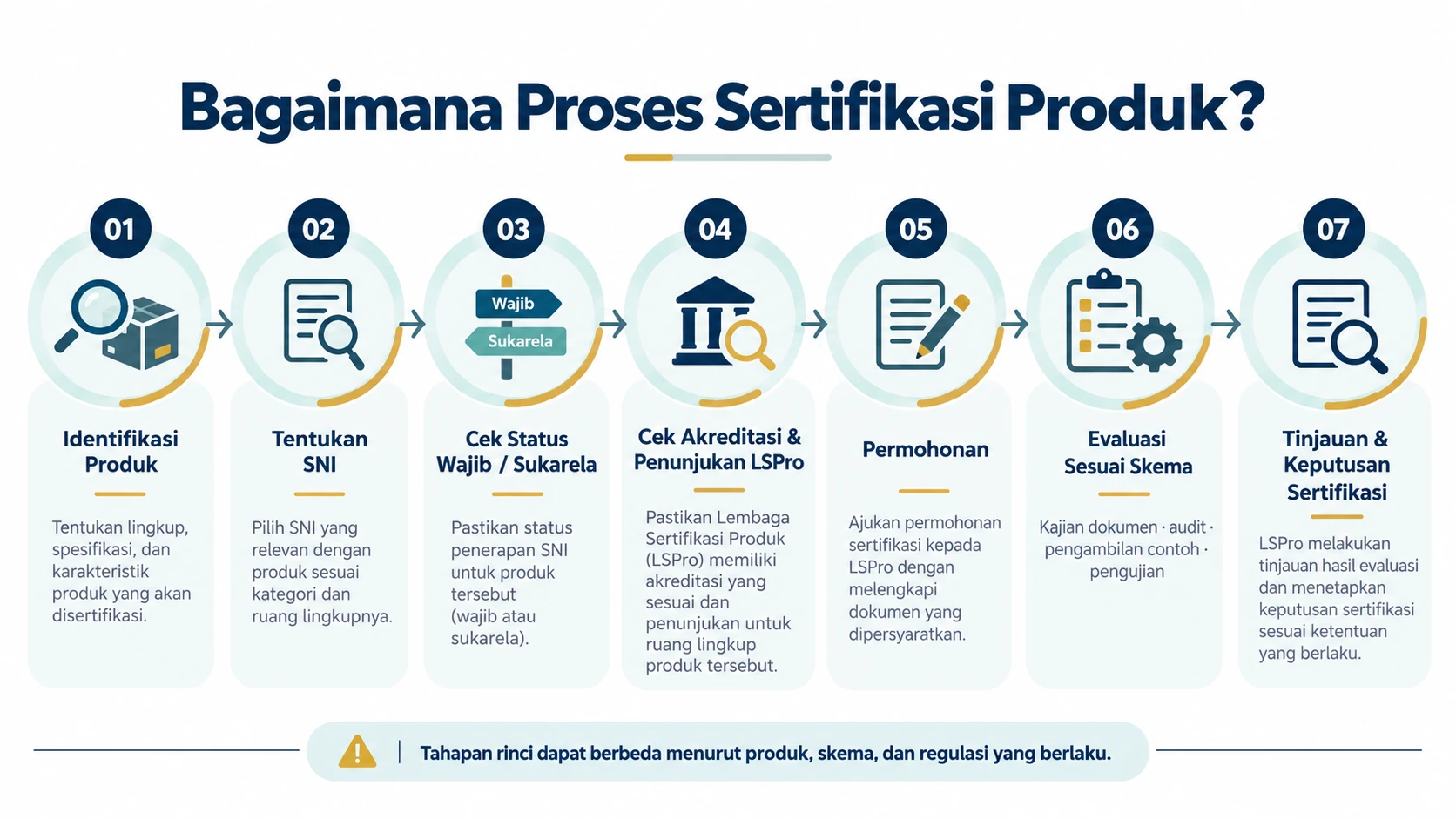 Diagram proses sertifikasi produk mulai dari identifikasi produk hingga tinjauan dan keputusan sertifikasi.
