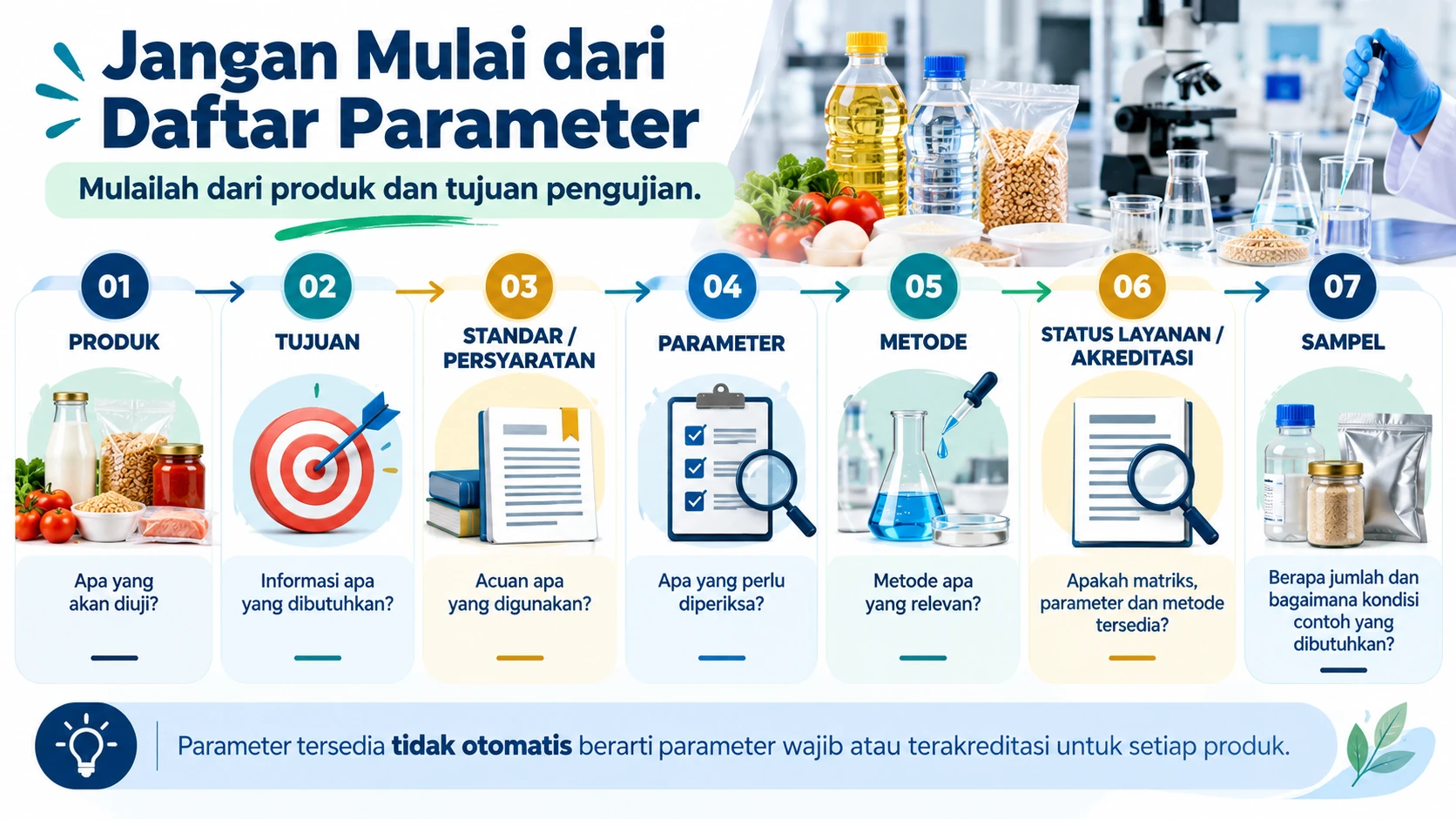 Diagram cara menentukan parameter pengujian pangan dari jenis produk, tujuan, standar, metode, status ruang lingkup hingga kebutuhan sampel.