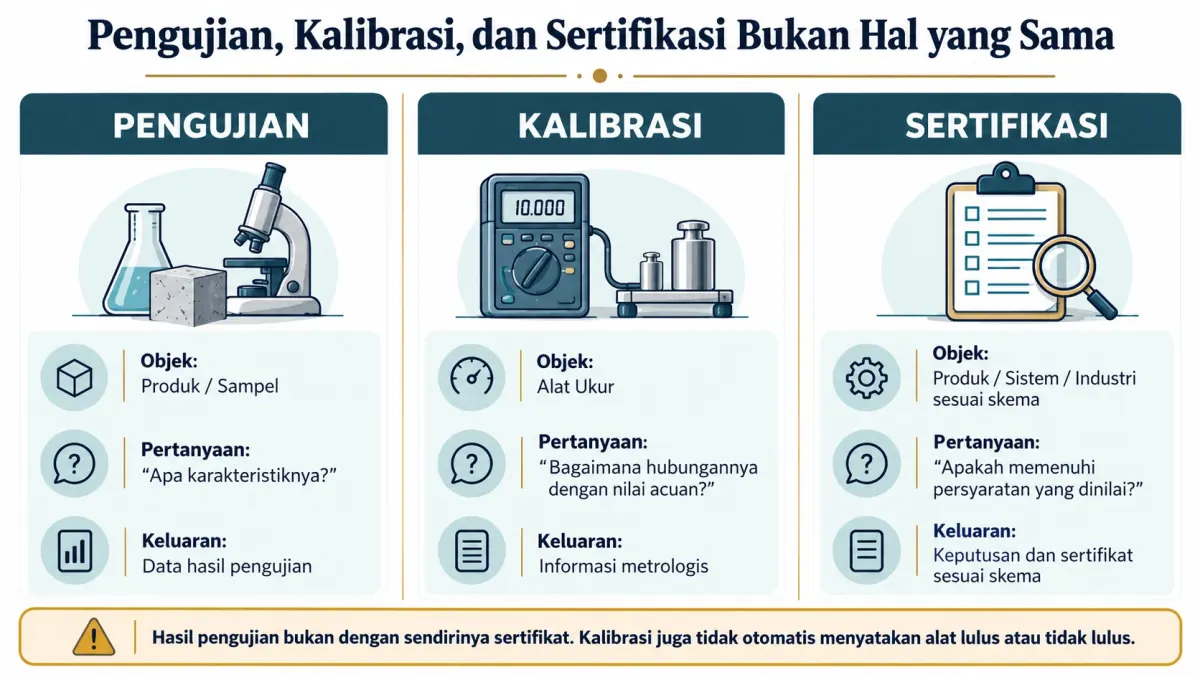 Infografik perbedaan fungsi pengujian, kalibrasi, dan sertifikasi dalam layanan penilaian kesesuaian.