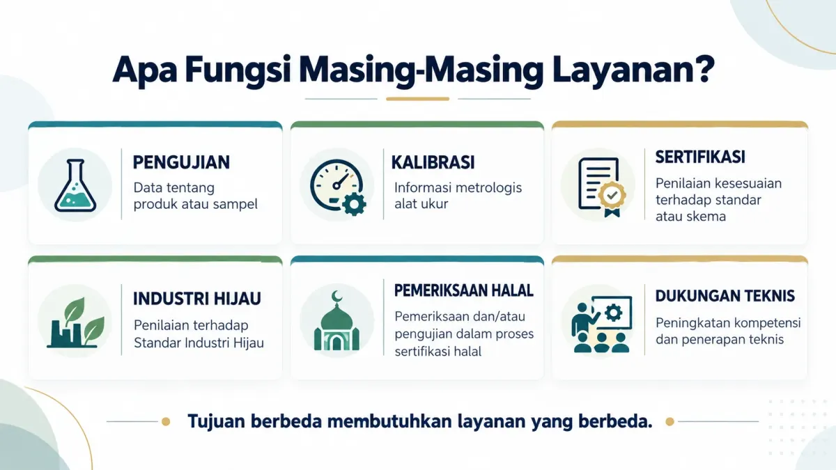 Infografik fungsi pengujian, kalibrasi, sertifikasi, Industri Hijau, pemeriksaan halal, dan dukungan teknis BSPJI Pontianak.