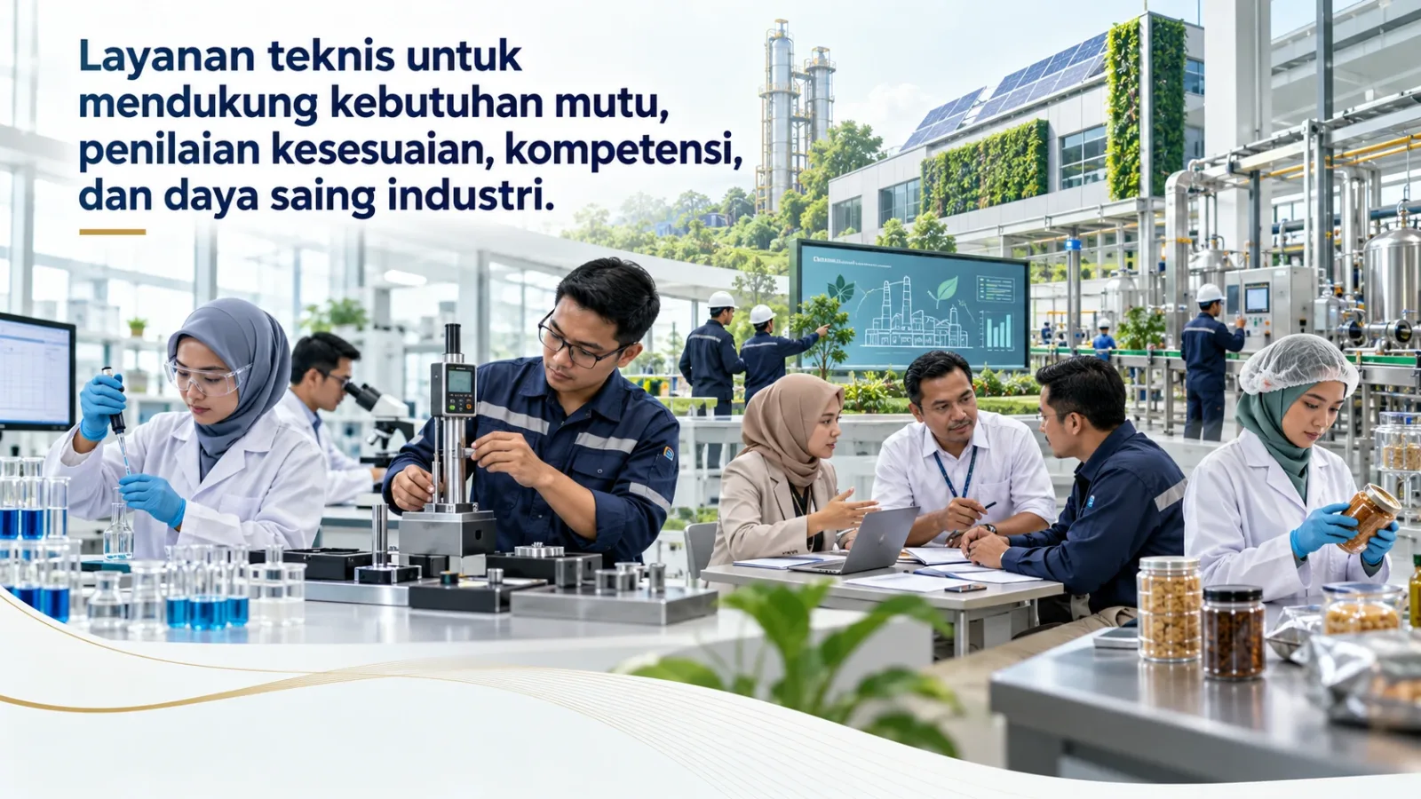 Ilustrasi ekosistem layanan BSPJI Pontianak yang mencakup pengujian, kalibrasi, sertifikasi, pemeriksaan halal, dan dukungan teknis.