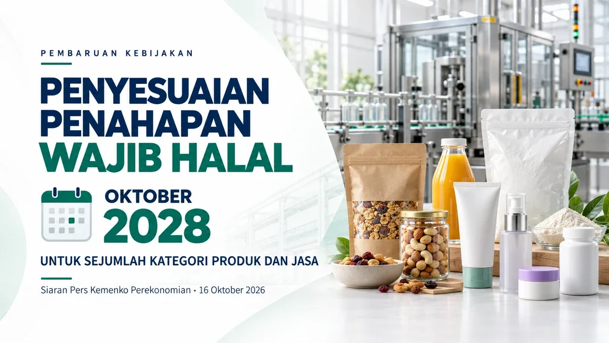 Ilustrasi berita penyesuaian penahapan Wajib Halal hingga Oktober 2028 untuk sejumlah kategori produk dan jasa. Visual menampilkan produk makanan dan minuman, kosmetik, suplemen, serta bahan industri generik dengan judul “Penyesuaian Penahapan Wajib Halal