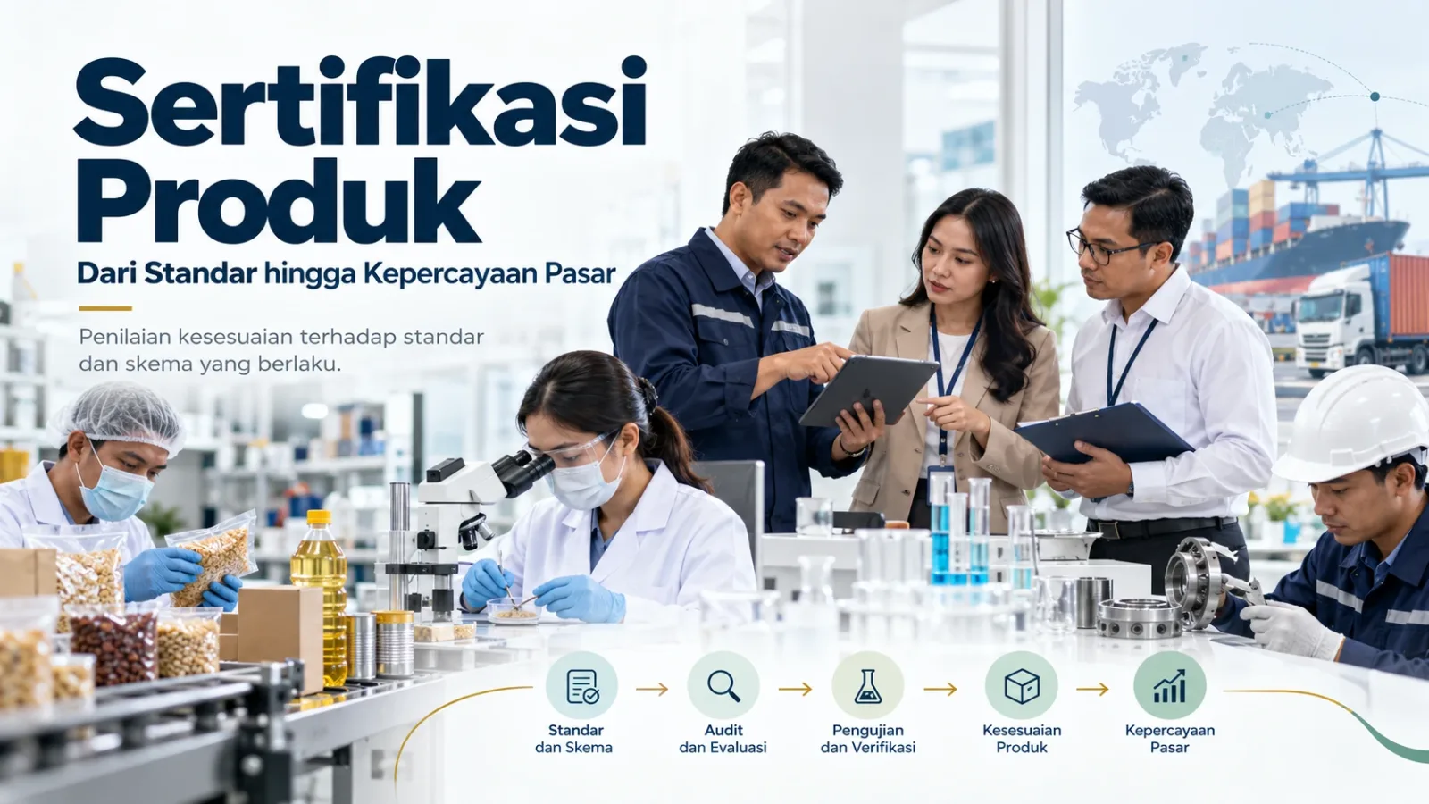 Ilustrasi proses sertifikasi produk yang mencakup kajian dokumen, audit, pengambilan contoh, dan pengujian.